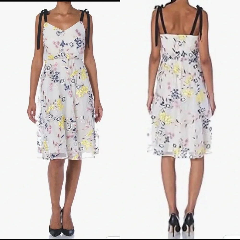 Donna Morgan | Blouson Yellow Floral‎ Embroidered Midi Dress Shoulder Tie | sz 0